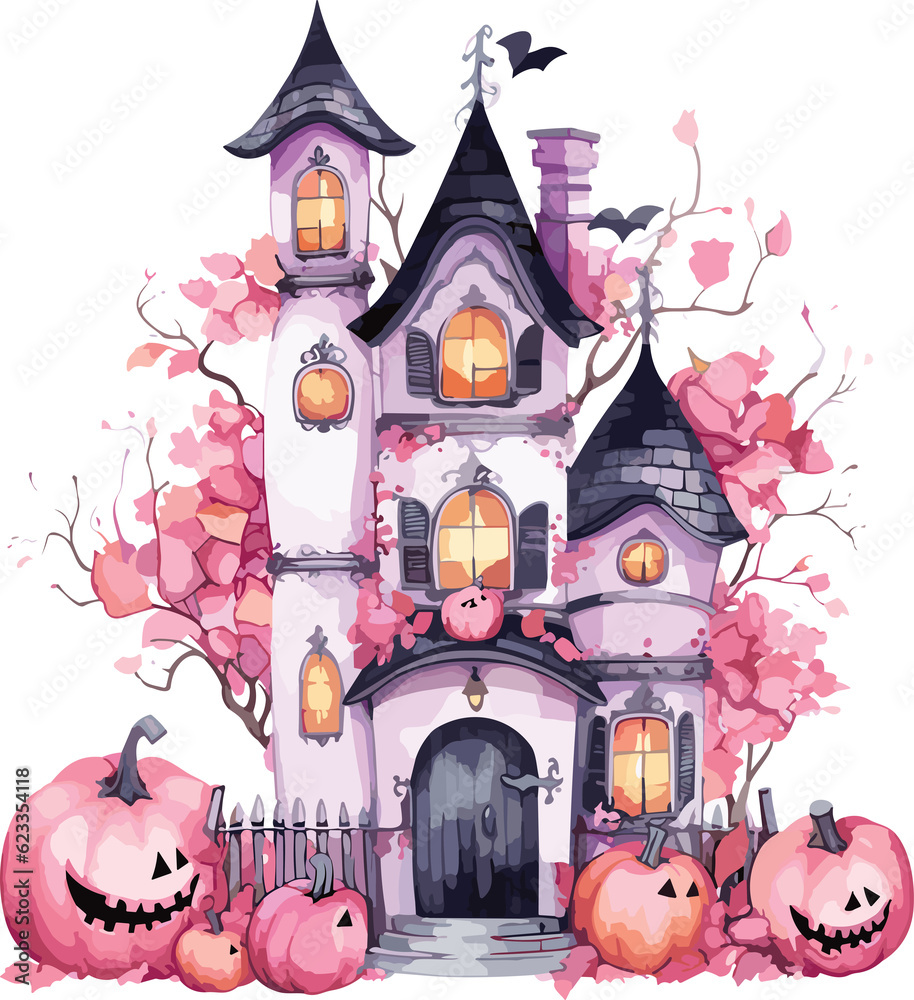 Halloween Haunted house with pumpkin kids and full moon. Halloween element. Halloween decoration.GenerativeAI.