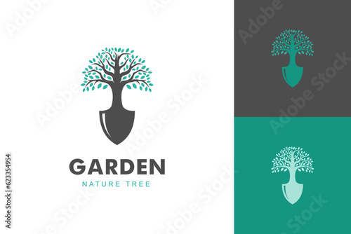 shovel and tree leaf spade nature green logo icon design illustration for garden, gardening logo symbol
