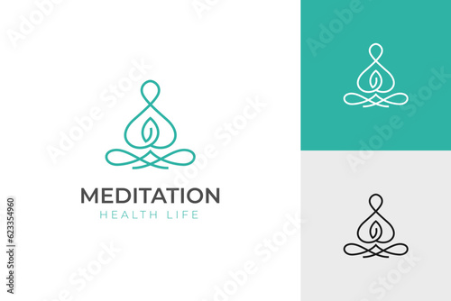 Meditation yoga simple line logo design with meditating in sitting yoga position design illustration