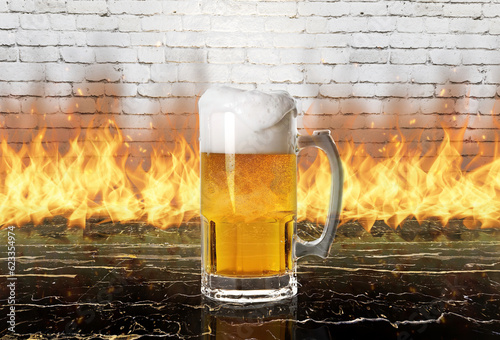 Beer in mug on onyx marble table with white brick background on fire