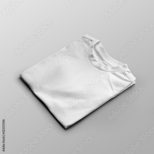 Template of a folded white t-shirt, children's clothing with a round neck, close-up, diagonal presentation, front view, isolated on background.