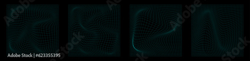 Distorted grid  neon pattern set. Futuristic geometric square background. Vector Illustration
