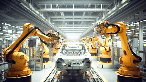 Car Factory. obots in a car factory. Automated robot arm assembly line manufacturing high-tech.