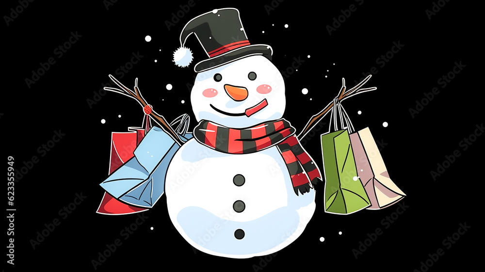 Naklejka premium Cute snowman out shopping Christmas presents on Black Friday. Black background with snow. Created with Generative AI.