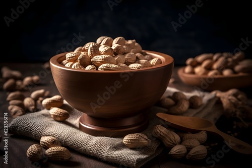 Whole Peanuts with Shell in a Wooden Bowl  Generative AI
