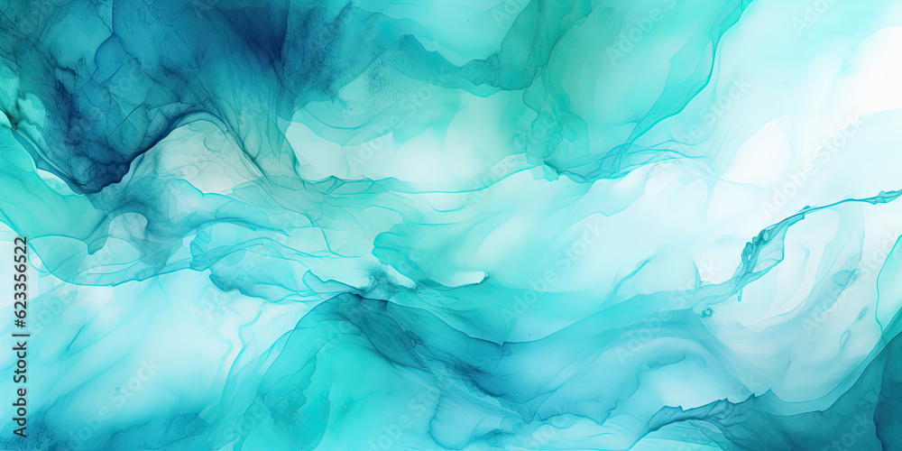 Abstract watercolor paint background illustration - Teal color blue and green with liquid fluid marbled paper texture banner texture. Generative AI