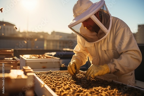 Urban Beekeeper Harvesting Honey on Rooftop - Eco Urban Lifestyle © Arthur