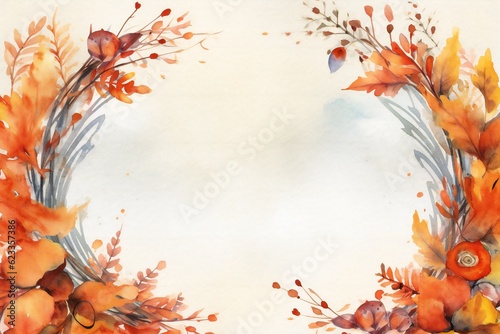 Empty watercolor autumn frame with floral elements behind Generative AI