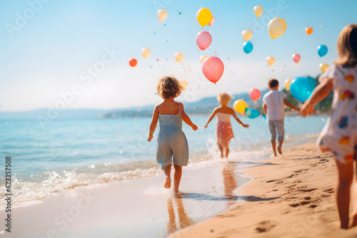 Niños corriendo por la arena de la playa con globos de colores. Concepto de diversión infancia y libertad. photo