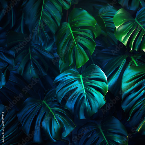 Monsteras leaves with a Green Glow - Close-Up Delight. Tropical Summer Background.