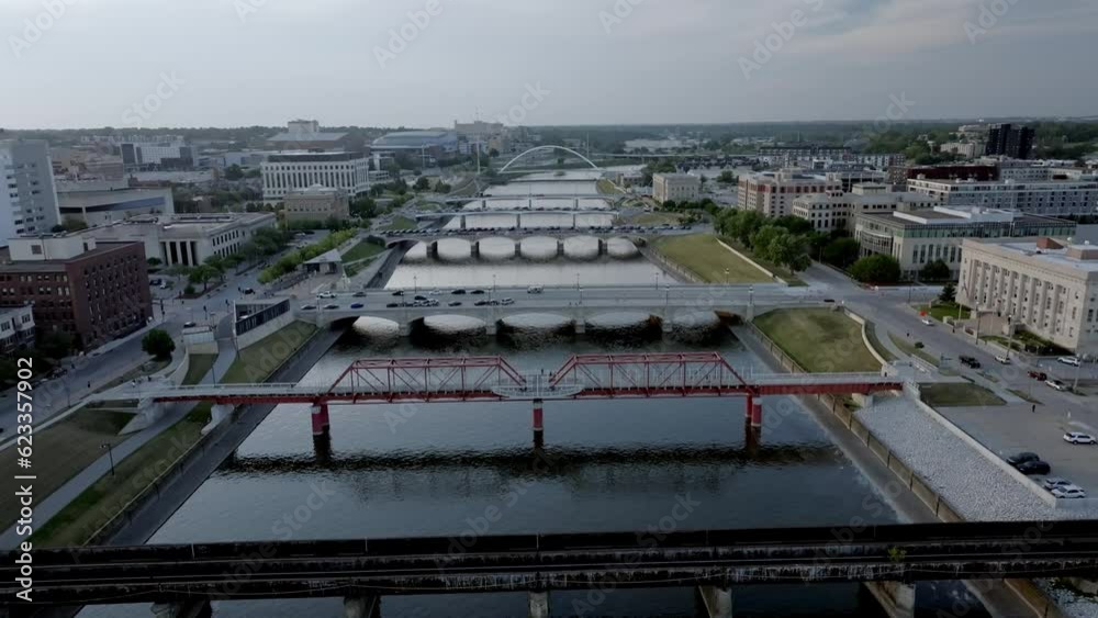 Bridges over Des Moines River in Des Moines, Iowa with drone video moving up. Bridges over Des Moines River in Des Moines, Iowa with drone video moving up.