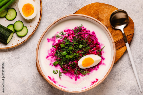 Cold summer soup of beets, kefir, cucumbers, eggs and dill.