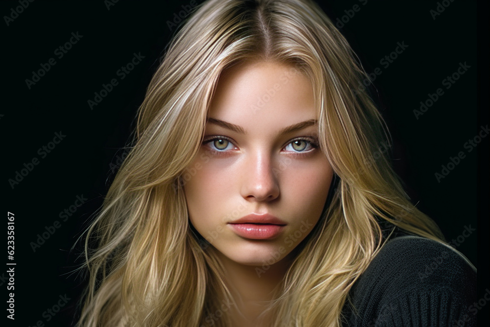 Fototapeta premium Radiant natural beauty, 18-year old blonde woman with vibrant blue eyes, pristine skin against a black background. Shy and pure smile enhances her charm. Generative AI