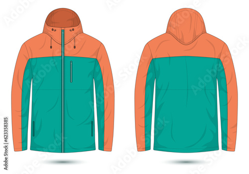 hooded mountain jacket front and back view. vector illustration