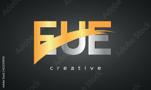 EUE Letters Logo Design with Creative Intersected and Cutted golden color photo