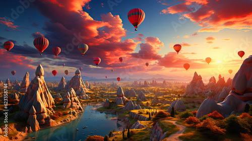 Hot Air Balloons in Cappadocia flying above a mountain,ai generative