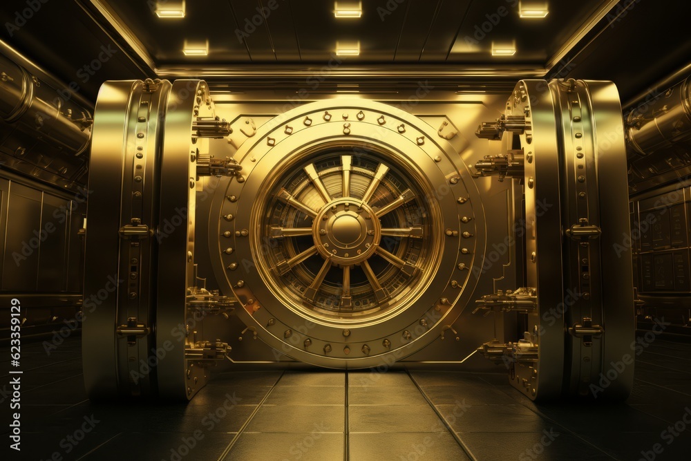 Golden Currency Vault Entrance with Deposit Box and Secure Door in a Luxurious Gold Frame, Copy Space, Generative AI Golden Currency Vault Entrance with Deposit Box and Secure Door in a Luxurious Gold Frame, Copy Space, Generative AI
