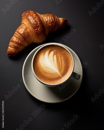 cup of coffee and croissant on dark background