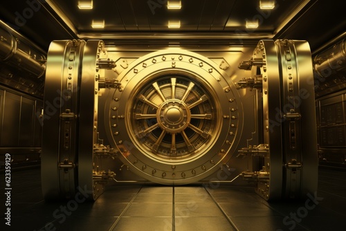Golden Currency Vault Entrance with Deposit Box and Secure Door in a Luxurious Gold Frame, Copy Space, Generative AI