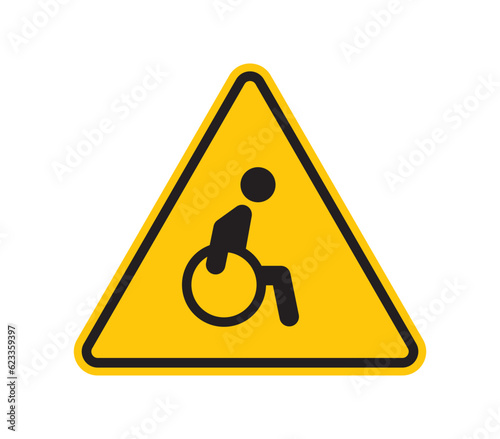 Vector triangle yellow sign danger. Beware wheelchair user. Isolated on white background.