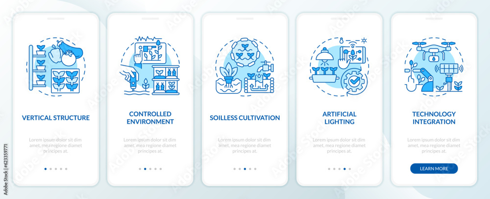 Linear blue icons representing vertical farming and hydroponics mobile app screen set. 5 steps graphic instructions, UI, UX, GUI template.
