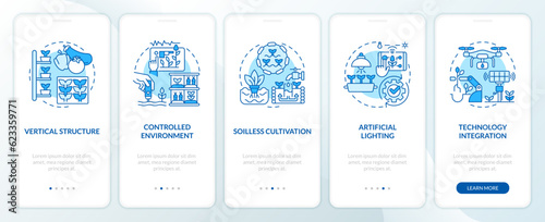 Linear blue icons representing vertical farming and hydroponics mobile app screen set. 5 steps graphic instructions, UI, UX, GUI template.