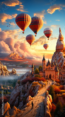 Hot Air Balloons in Cappadocia flying above a mountain,ai generative