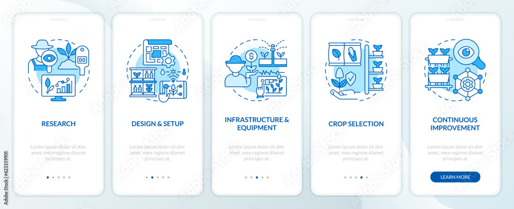 2D linear blue icons representing vertical farming mobile app screen set. 5 steps graphic instructions, UI, UX, GUI template.