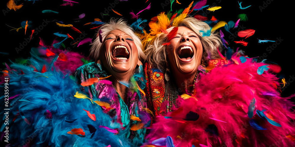 Captivating midnight scene of two exuberant women in feather boas, laughing and immersed in a confetti burst. Essence of friendship and extravagance captured. Generative AI