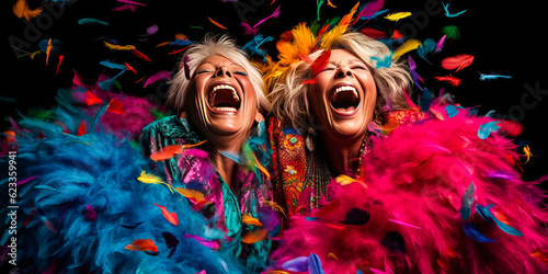 Captivating midnight scene of two exuberant women in feather boas  laughing and immersed in a confetti burst. Essence of friendship and extravagance captured. Generative AI