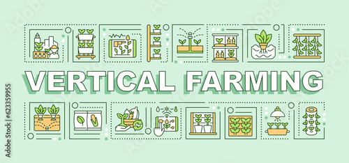 Vertical farming text with various icons on green monochromatic background, editable 2D vector illustration.