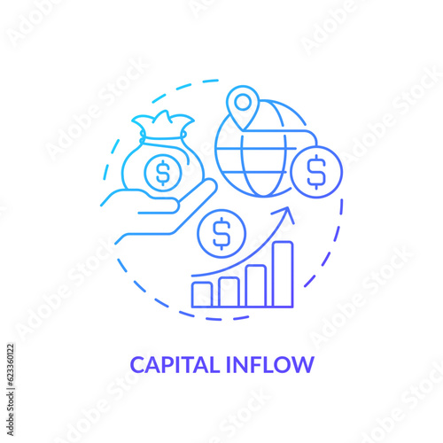 2D gradient capital inflow icon, isolated vector, foreign direct investment thin line illustration.