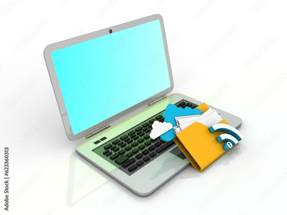 3d illustration WiFi symbol with cloud folder near laptop 3d illustration WiFi symbol with cloud folder near laptop