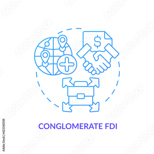 2D gradient conglomerate FDI icon, isolated vector, foreign direct investment thin line illustration.