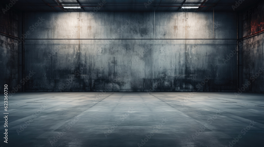 Concrete floor inside industrial building. Use as large factory, warehouse, storehouse, hangar or plant. Modern interior with metal wall and steel structure with empty space for industry background.