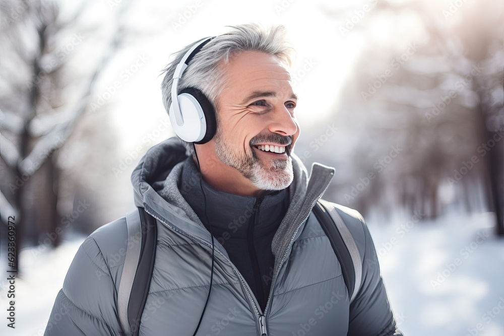 A middle-aged man with a beard while walking through the winter park listening to his favorite music. Solitude and mental health alone with nature. Escape from the noise of the big city. A middle-aged man with a beard while walking through the winter park listening to his favorite music. Solitude and mental health alone with nature. Escape from the noise of the big city.