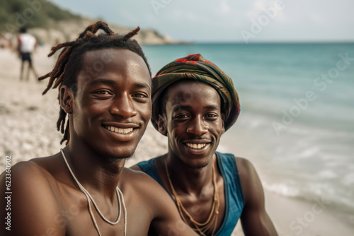 Two 20 year old Caribbean friends hanging out at the beach.