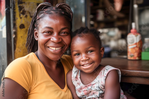 Fotografia Smiling Caribbean woman and her daughter at an outdoor cafe.