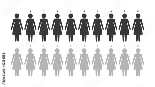 1から10までナンバリングした2色の立っている女性の人型のアイコン集 - 黒とグレー･全身
