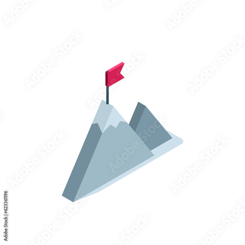 isometric mountain icon with flag in black on a white background, reach the top or goal