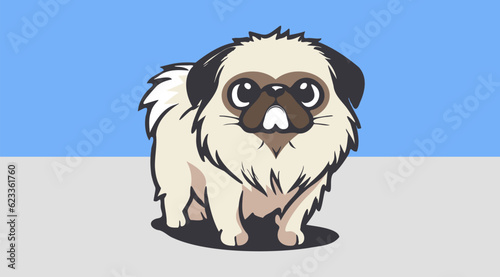 Vector cute funny little cartoon standing Pekingese. Home friendly pet. Dog breed Peke. Beijing animal.