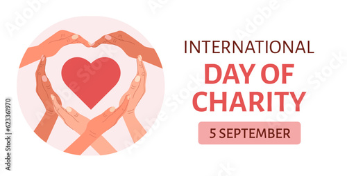 International Day of Charity, 5 September. The concept of people supporting each other. many different peoples hands showing heart symbol. Vector flat illustration.
