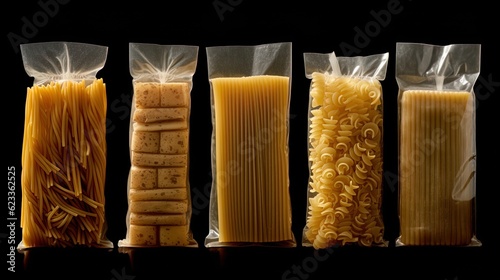spaghetti in a plastic on an isolated black background