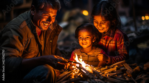 Captivating portrayal of resilient family of three, warming by makeshift fire in cardboard dwelling; urban wasteland provides stark contrast. Generative AI