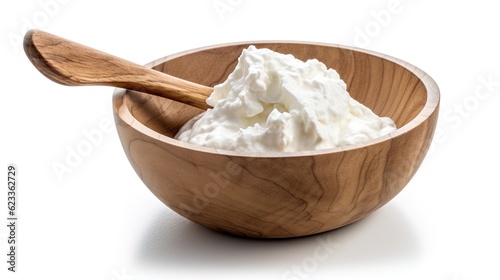 cheese in a wooden bowl on an isolated white background