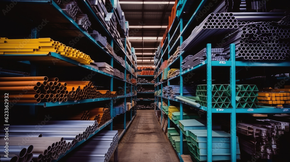 Fototapeta premium Shelves of Steel Pipe Industry Construction stacked in the warehouse