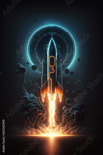 ai generated Illustration Bitcoin sign flying out of rocket on dark background