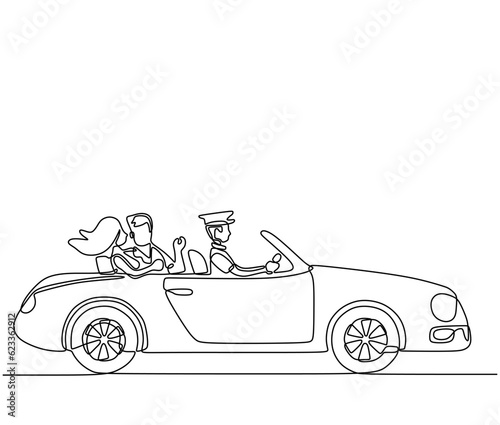 Single continuous line drawing happy couple riding car going on road trip. Romantic man and woman driving in cabriolet car. Couple summer vacation travel.. Dynamic one line draw graphic design vector