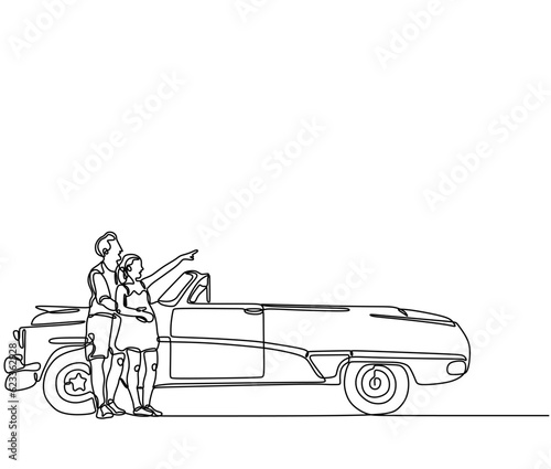 Single continuous line drawing happy couple standing beside car going on road trip. Romantic man and woman car. Couple summer vacation travel Dynamic one line draw graphic design vector