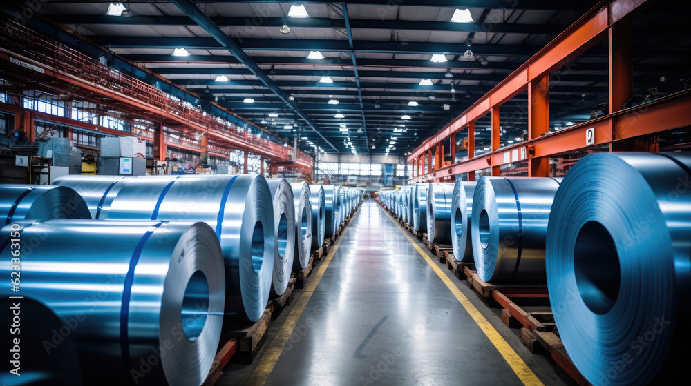 Rolls of galvanized steel sheet inside the factory or warehouse. Rolls of galvanized steel sheet inside the factory or warehouse.